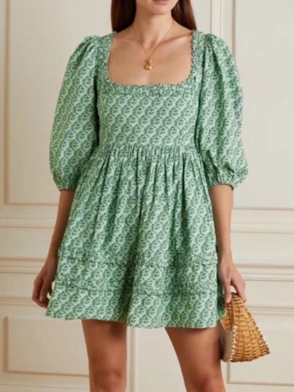 RHODE Mint Green Printed Square-Neck Puff Sleeve Mini Dress